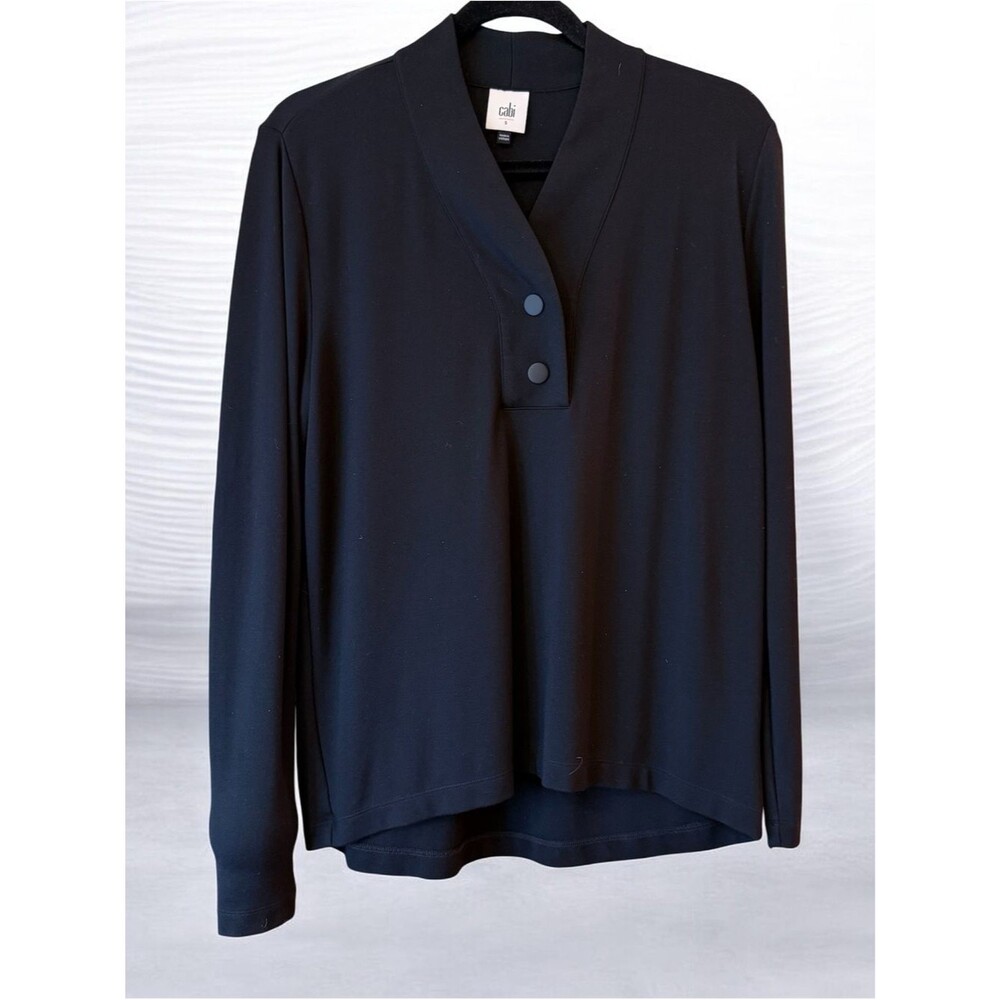 CAbi Black Split V Neck Snap Placket Top 90s minimalism Long Sleeve Small 4565